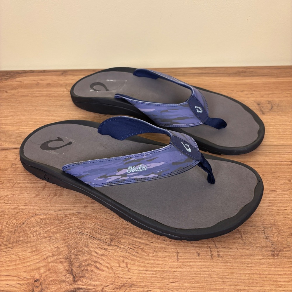 OLUKAI Ohana Pa'i Thong Sandals Trench Blue/Wai Camo Men Size 16 Flip Flops
